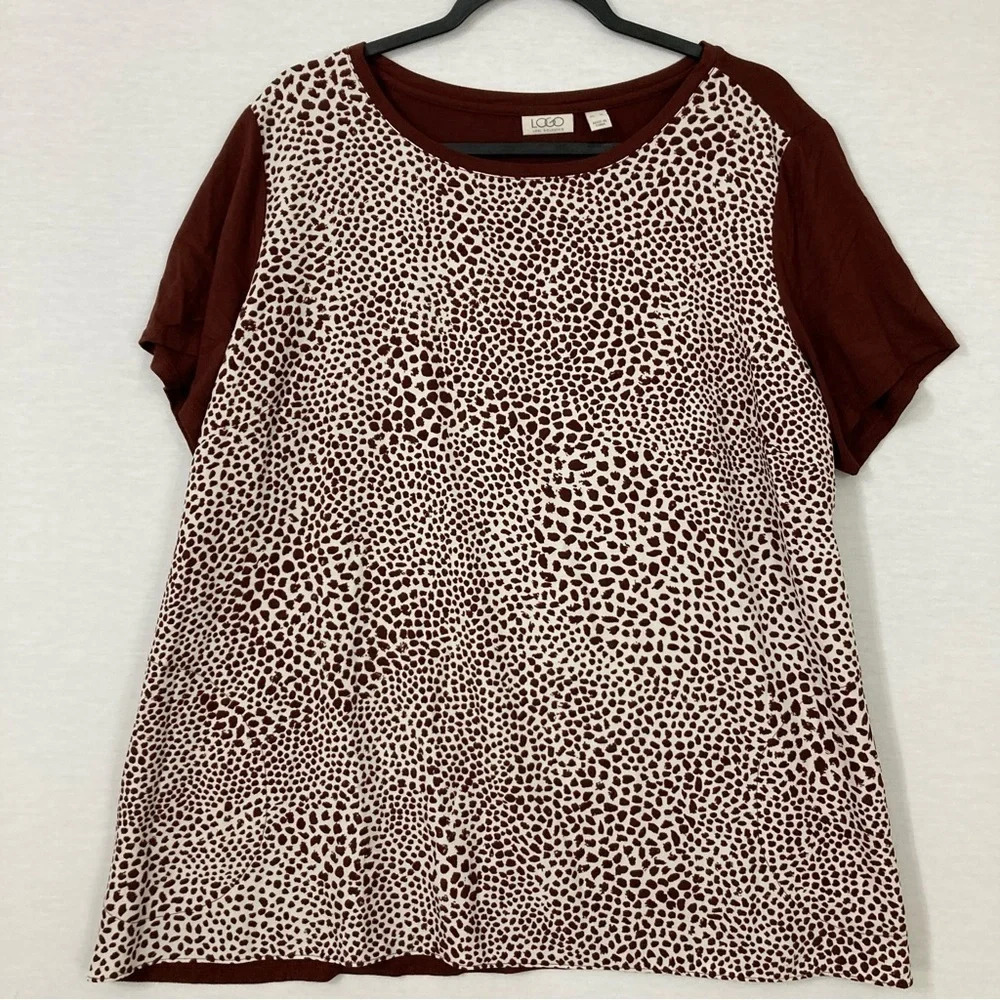 LOGO by Lori Goldstein Brown White Polka Dot‎ Round Neck Super Soft Top XL